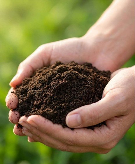 Fertilizante orgânico do sistema ECOLIFE® segurado nas mãos, mostrando
                a textura